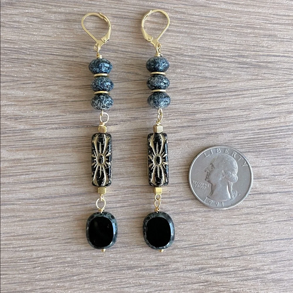 HAND CRAFTED CZECH GLASS EARRINGS Black Gold Long Bohemian Dangles